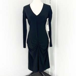 New Vintage Leona Edmiston Size 3 Black V-Neck Long Sleeve Ruched Bodycon Dress